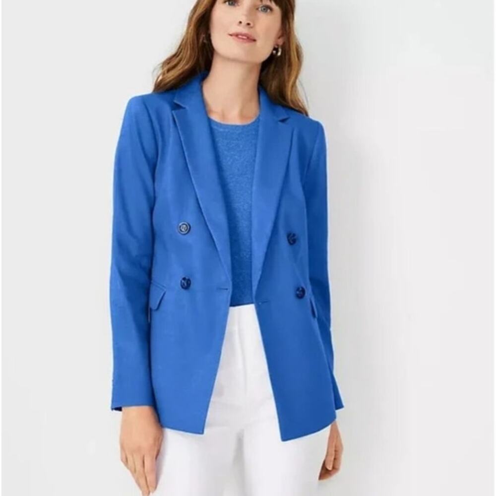 NWT Ann Taylor Petite 8P Blue Double Breasted Linen Blend Blazer Jacket